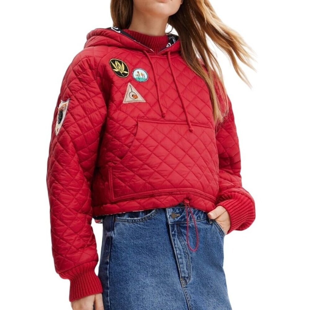 DESIGUAL Red Quilted Padded Hoodie With Patches Cropped Sz M NWT Puffer Pullover